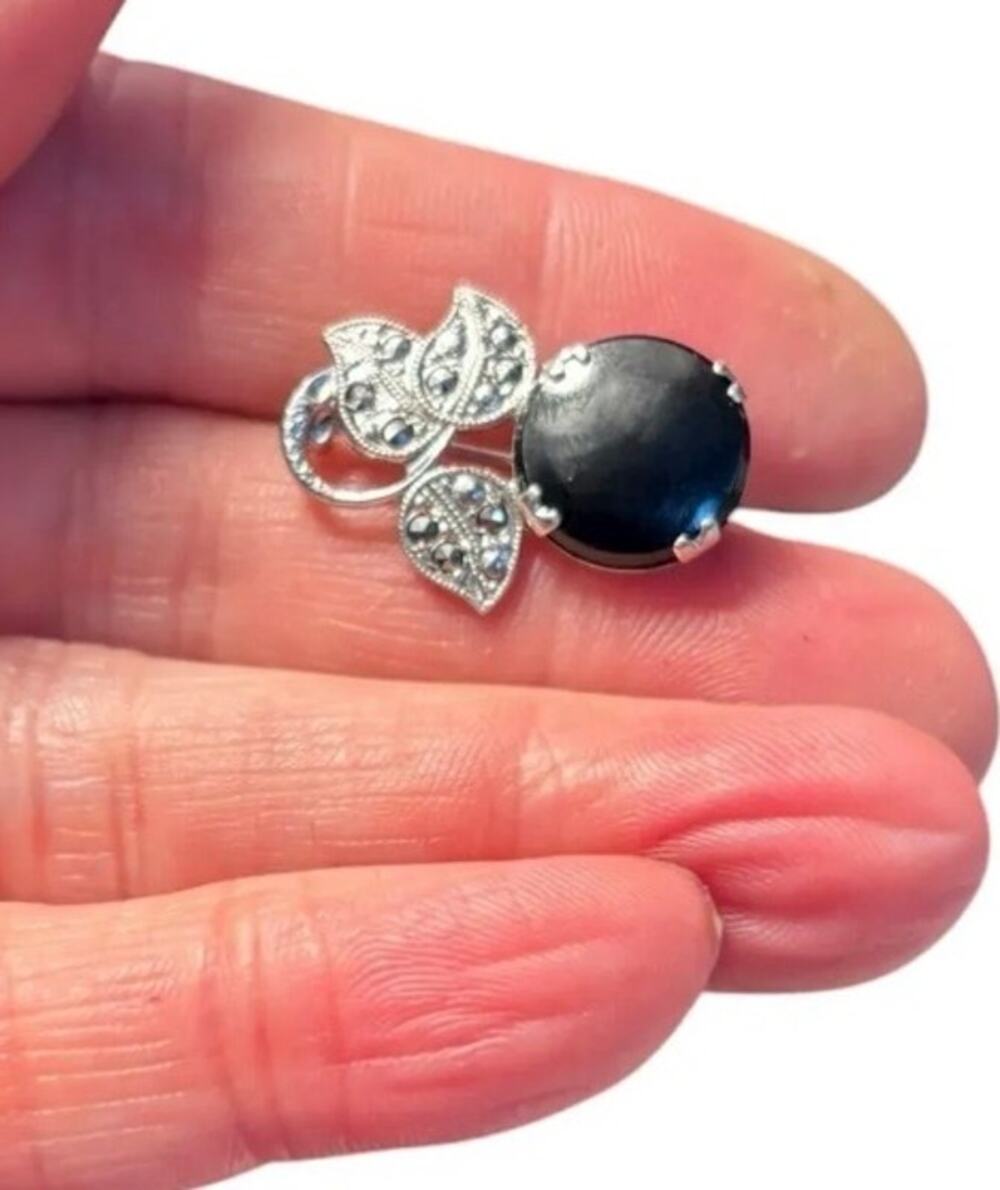 Vintage Sterling Silver Black Onyx Brooch Marcasite Leaf Floral Pin 925